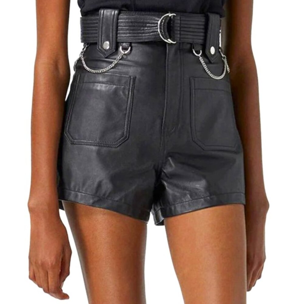 💥KILLER DESING!💥THE KOOPLES BELTED EMBELLISHED LAMBSKIN LEATHER MOTO SHORTS